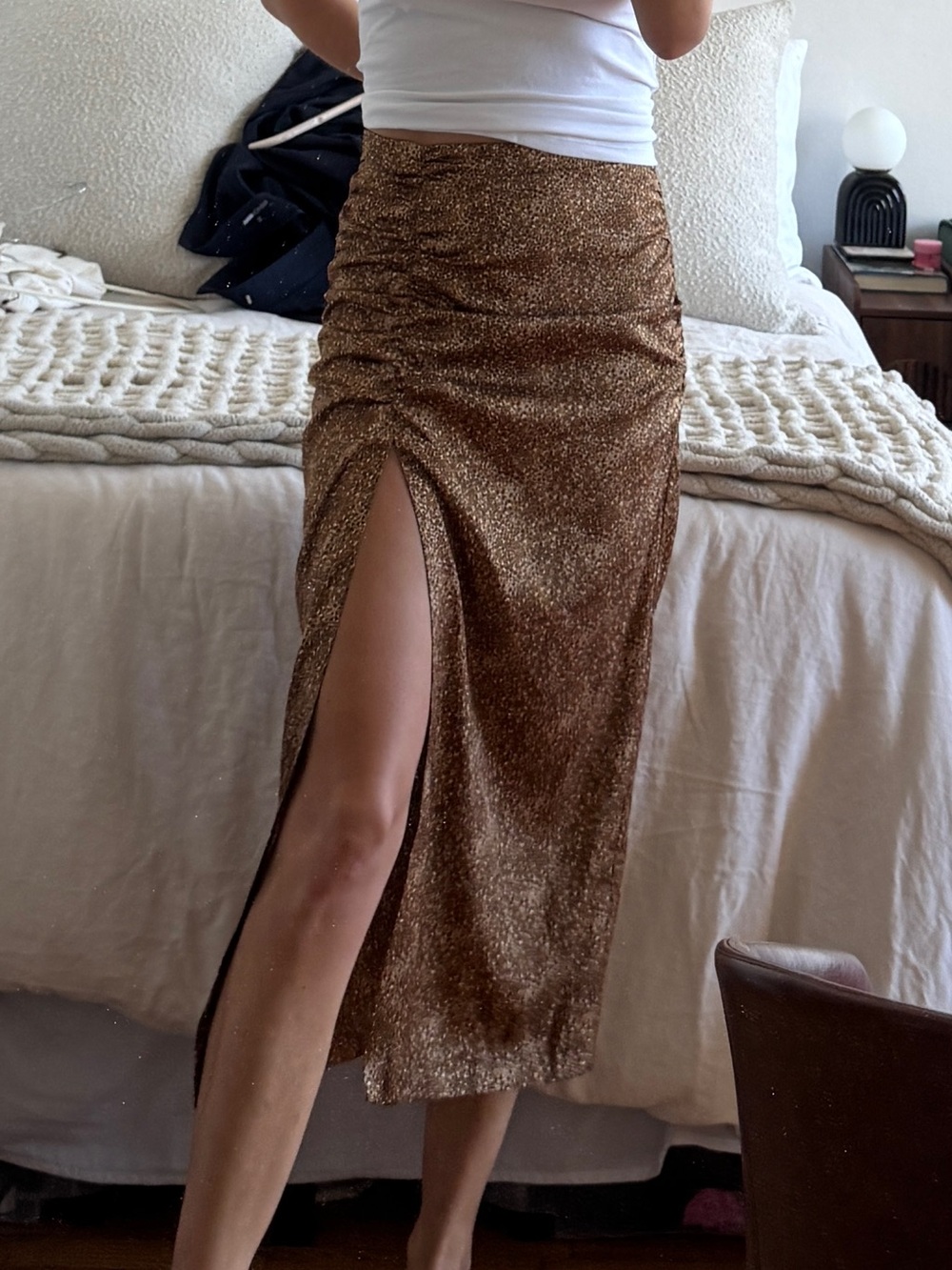 Zara Brown Spotted Midi Skirt with Ruching and Side Slit